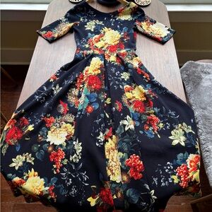 Black floral tea length dress